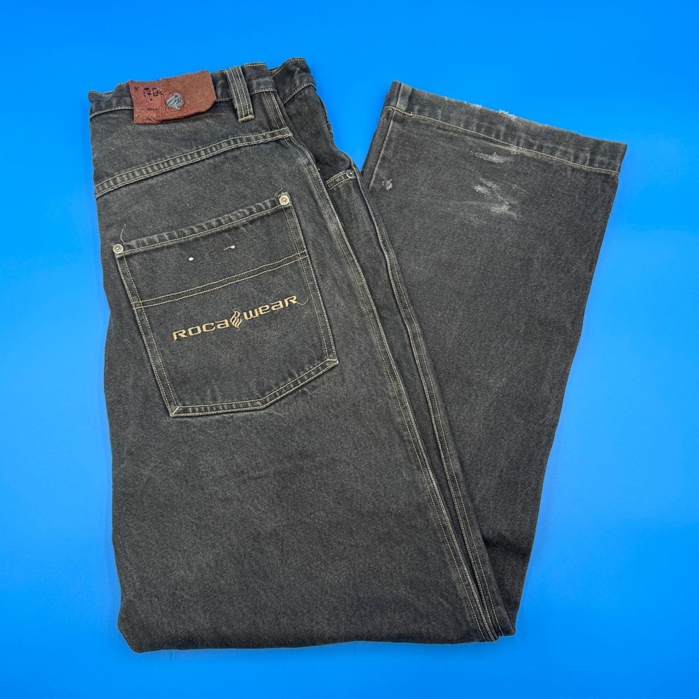 VTG 90s Rocawear Mens Charcoal Washed Denim Jeans Size 34x34 Relaxed Fit Y2K